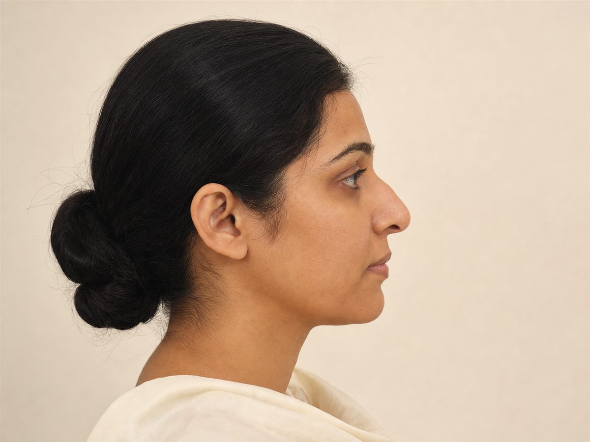 AI-generated illustrative before view of a fictional rhinoplasty patient